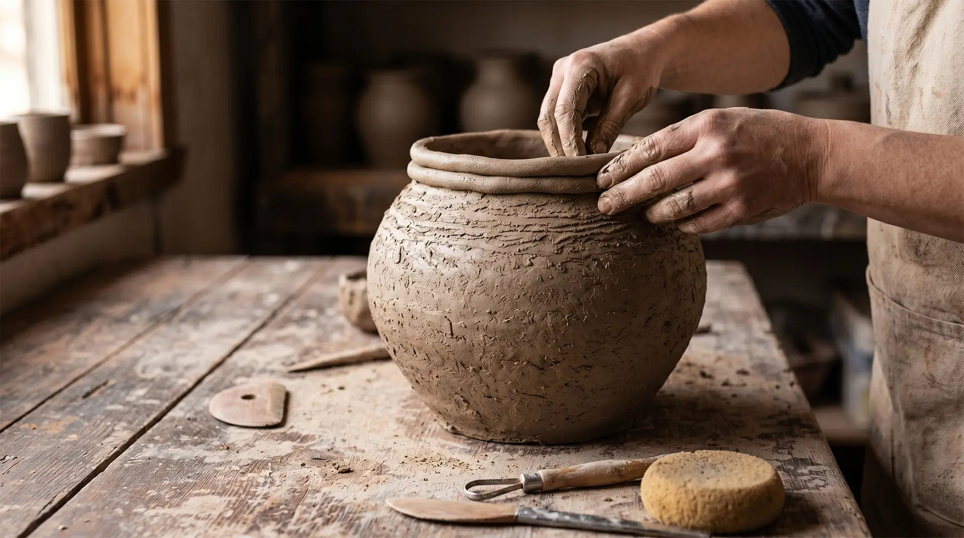 Hands working with wild clay